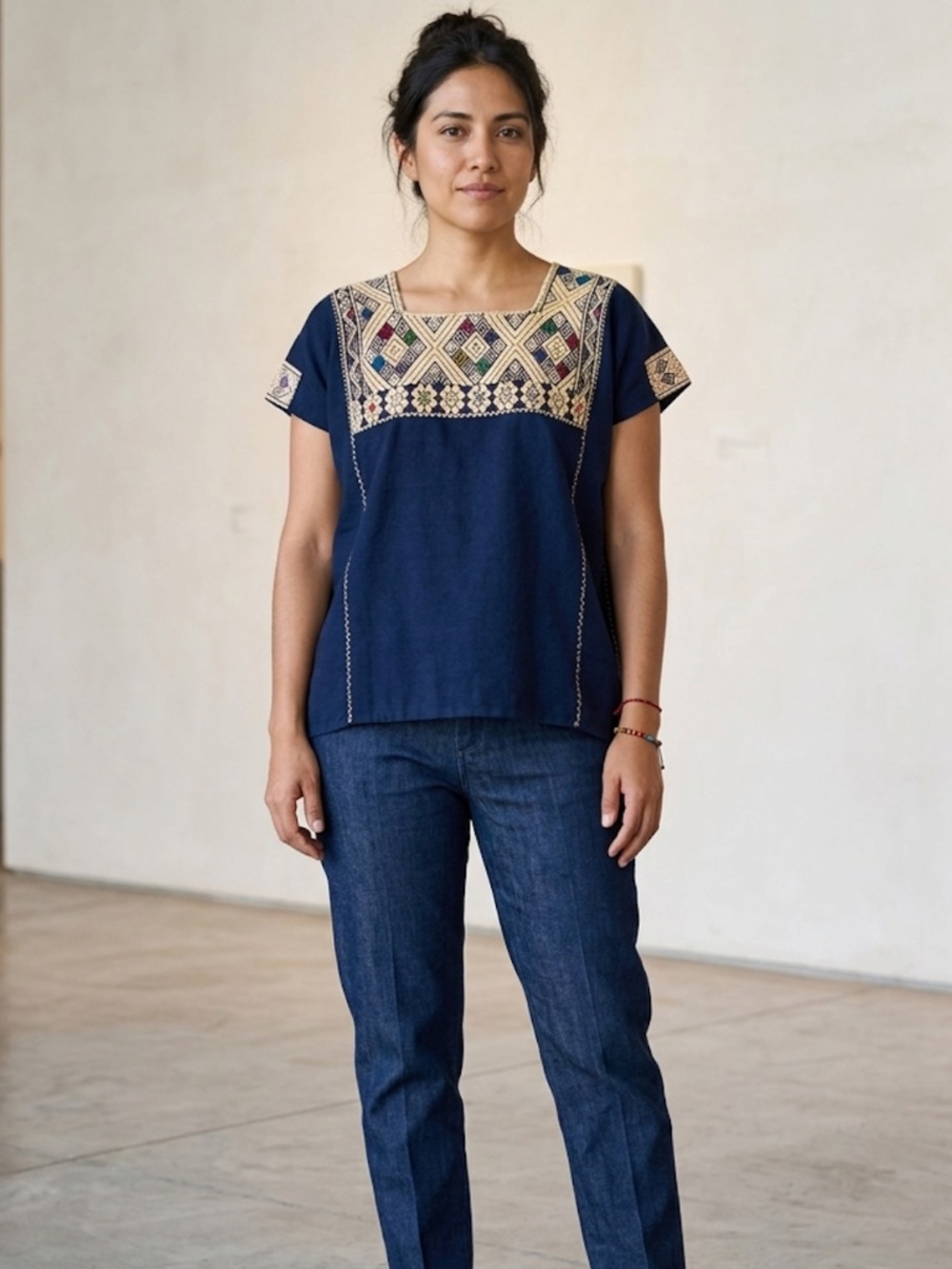 Handwoven Mexican Huipil Chiapas Embroidered Top Navy Geometric Boho